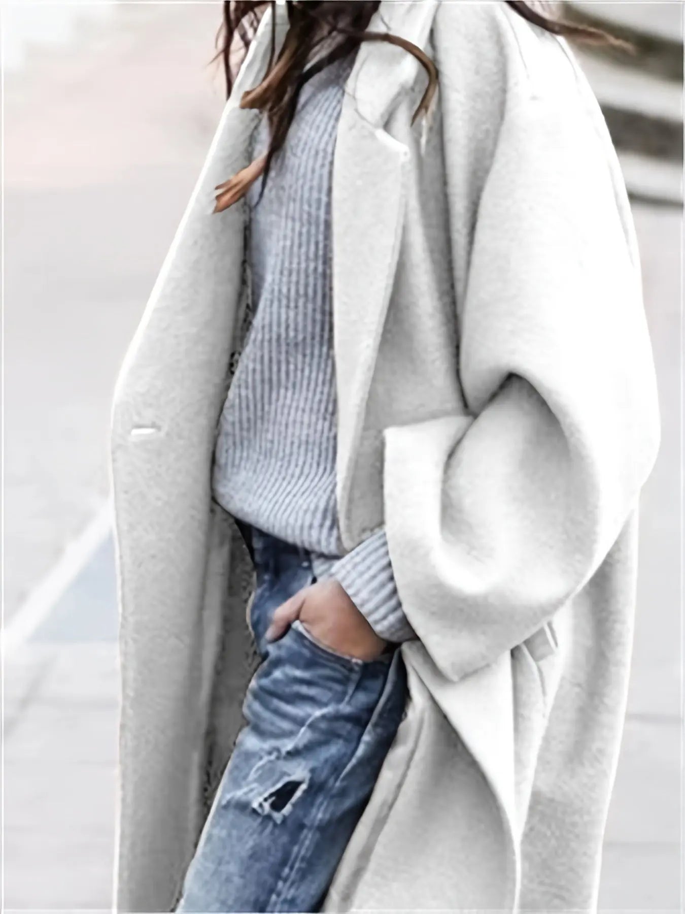 Cozy polyester coat in winter blue, perfect for day-to-night transitions.