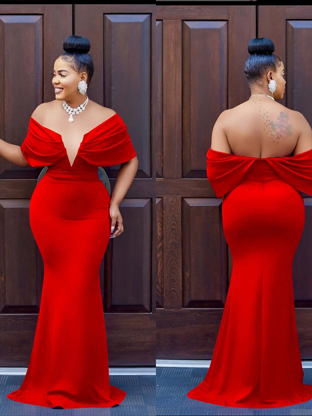 Scarlet Ruffle Dress with deep V-neck and tiered ruffles, crafted from knit polyester.