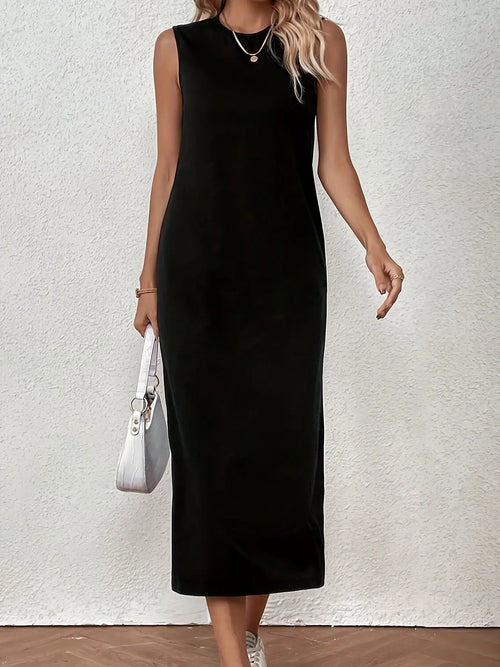 Midnight Whisper Maxi dress in black, showcasing a flowing silhouette and sleeveless design.