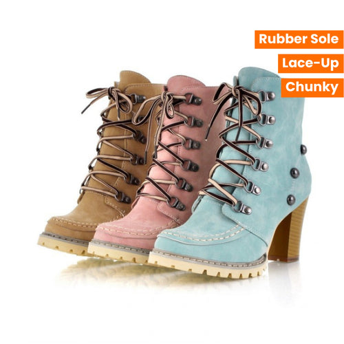 Beige pink lace-up heels with chunky block heel and flannel upper.