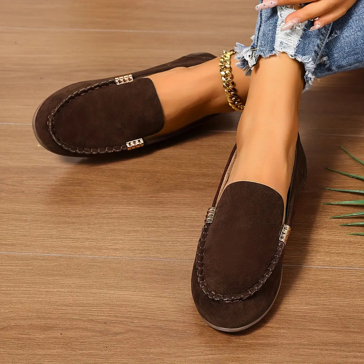 Top-down view of slip-on moccasins showcasing their sleek silhouette.