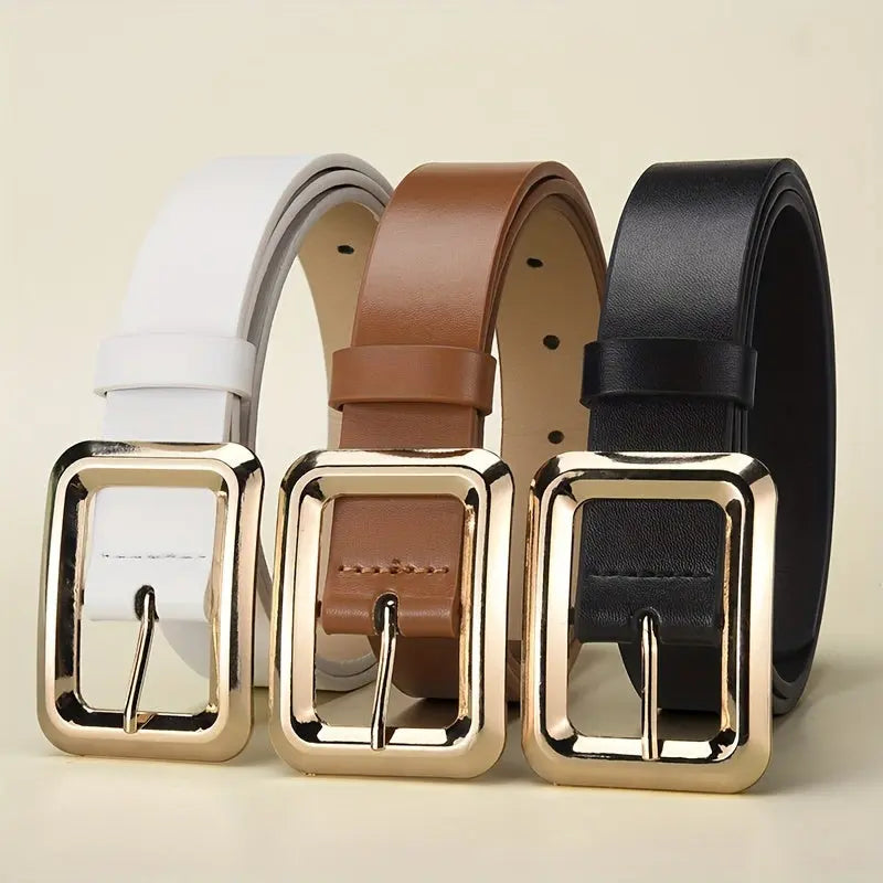 Versatile golden buckle belt, ideal for day to night style transitions.