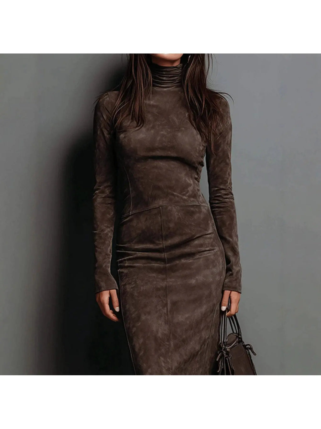 Model wearing the Winter Whisper Dress, highlighting its snug fit and elegant silhouette.