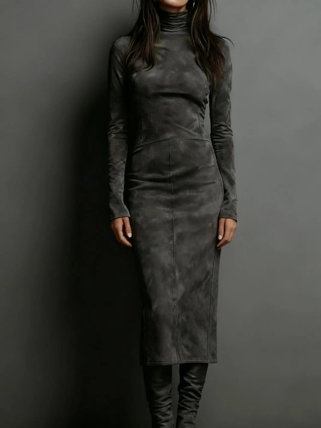 Winter Whisper Dress displayed on a hanger, showcasing its modern chic style.