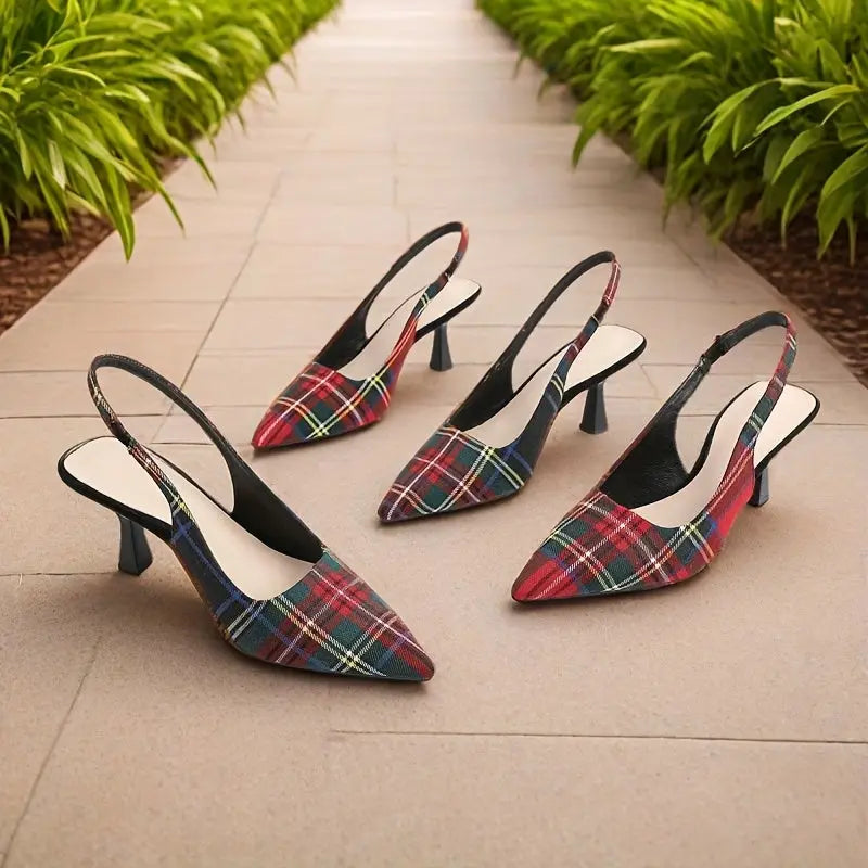 Top-down view of chic plaid mules highlighting their pointed toe.