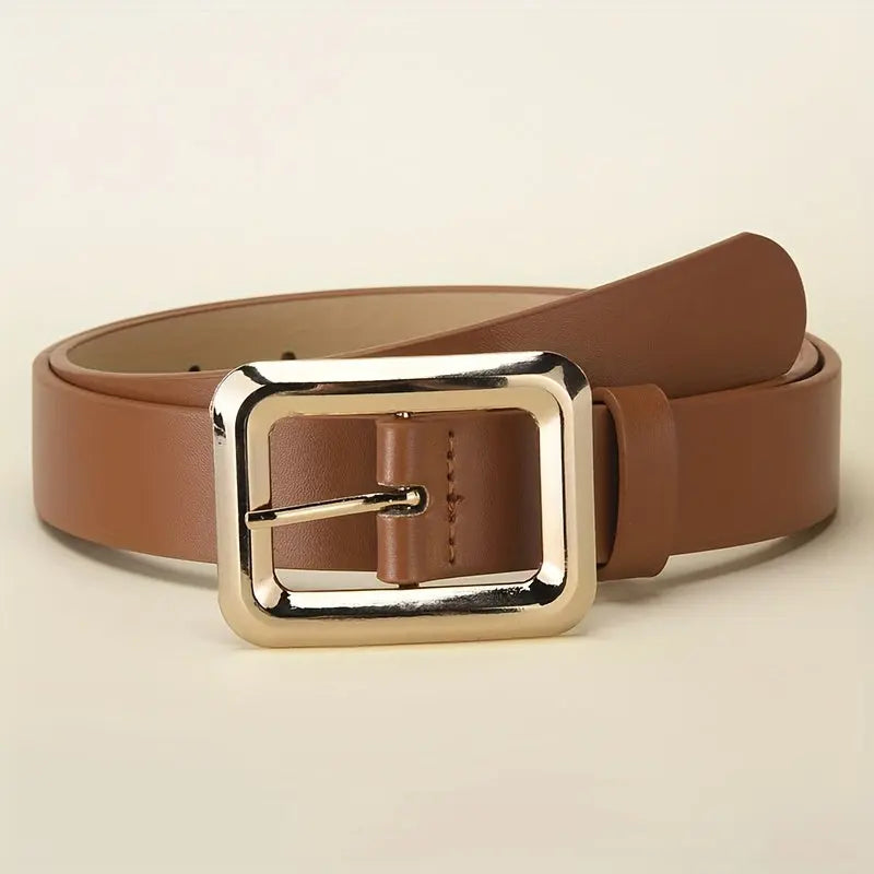 Golden buckle belt designed for comfort and durability in everyday wear.