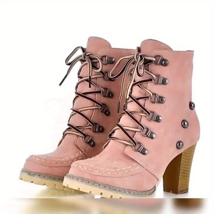 Lace-up block heels in beige pink, perfect for daywear or evening flair.