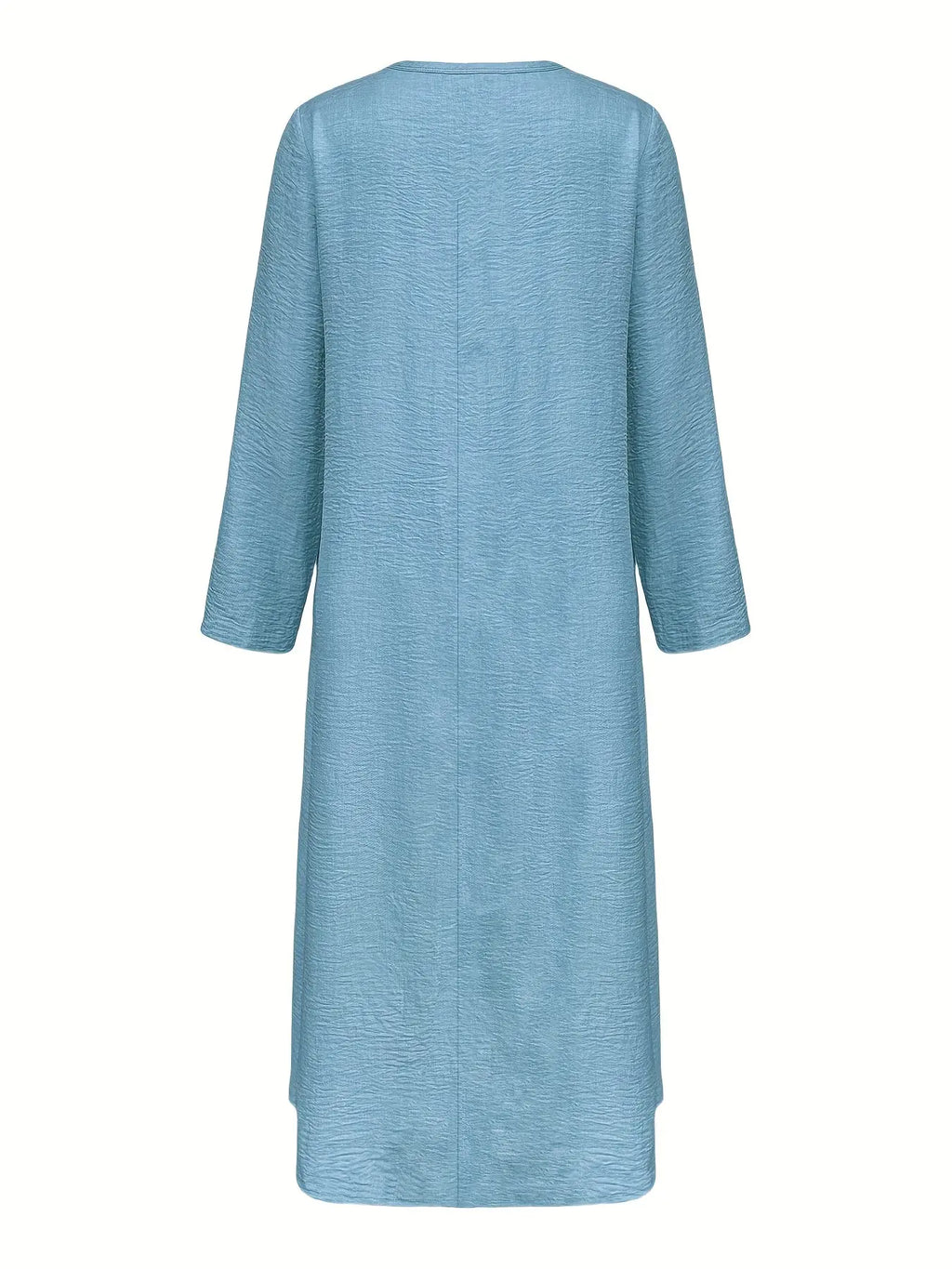 Detail of the v-neckline on the Whisper-Soft Olive Dress, combining style and comfort.