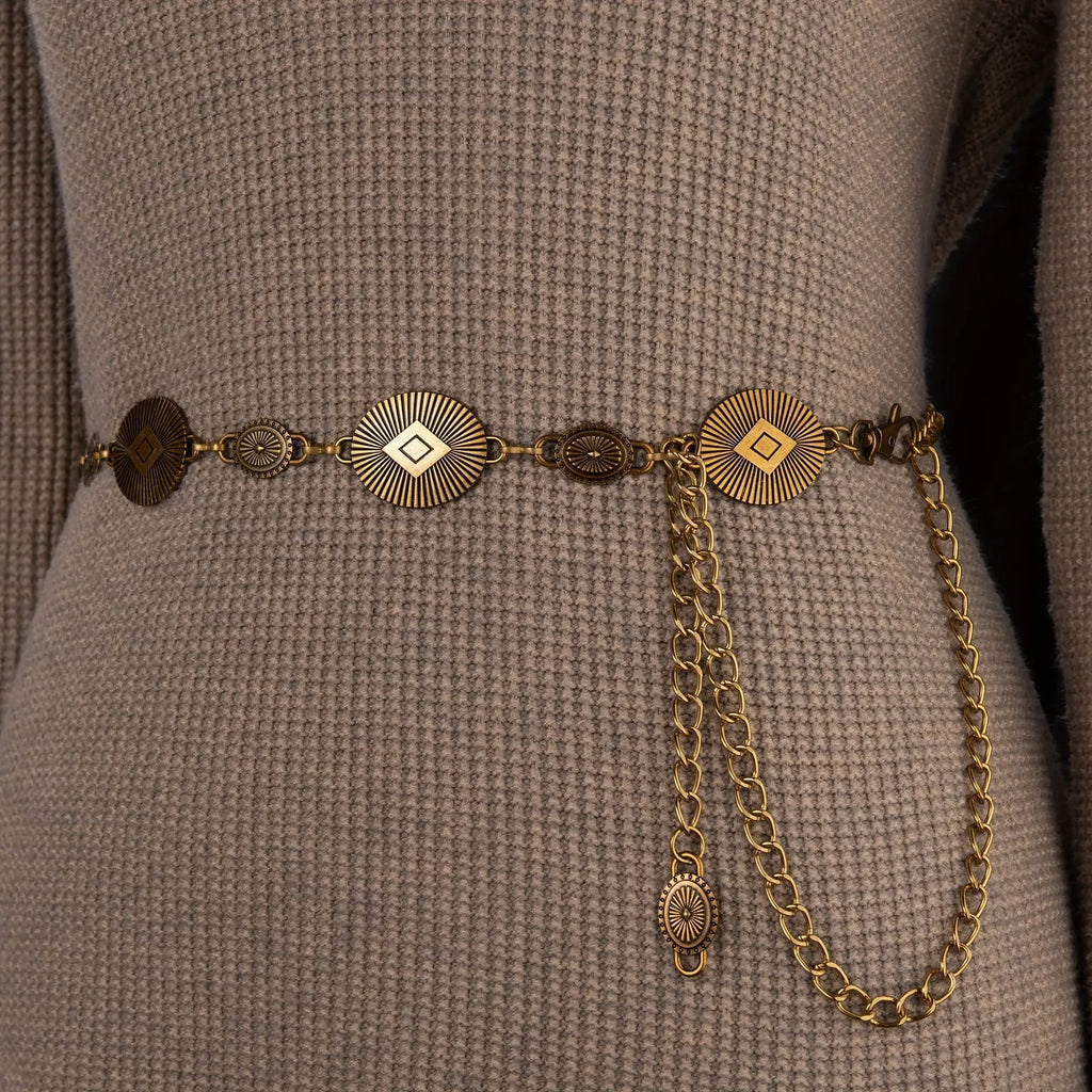 Golden Hour Glow waist chain styled with casual wear for a chic look.
