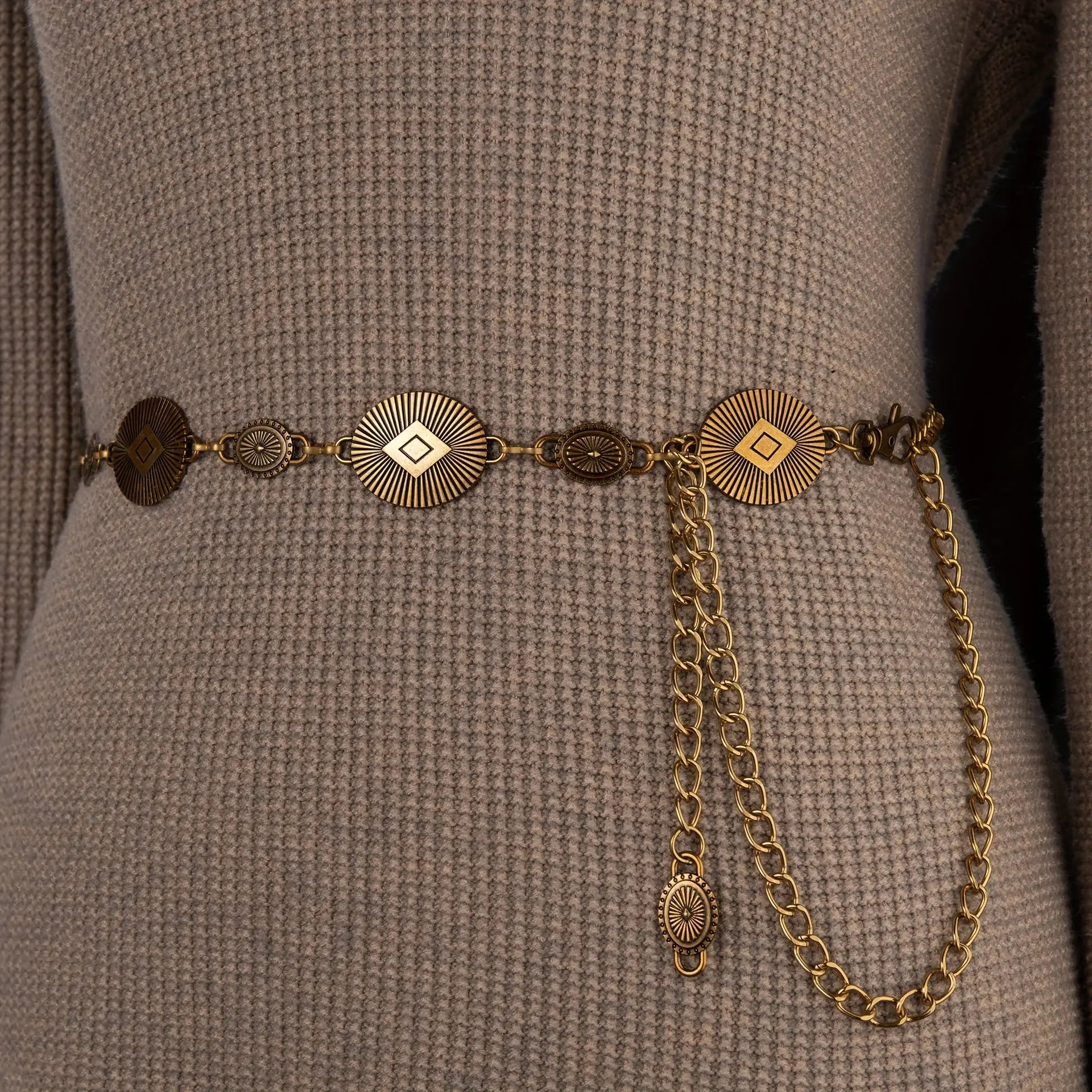 Golden Hour Glow waist chain styled with casual wear for a chic look.
