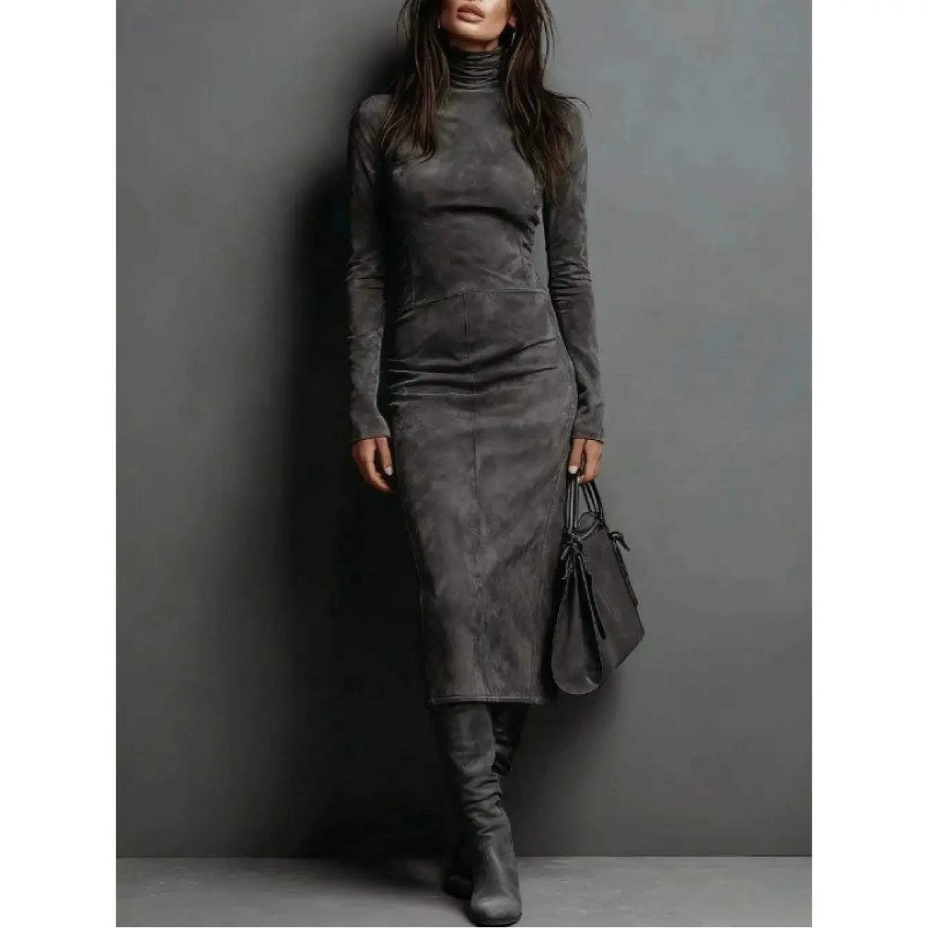 Model walking in the Winter Whisper Dress, demonstrating its comfortable, form-hugging fit.