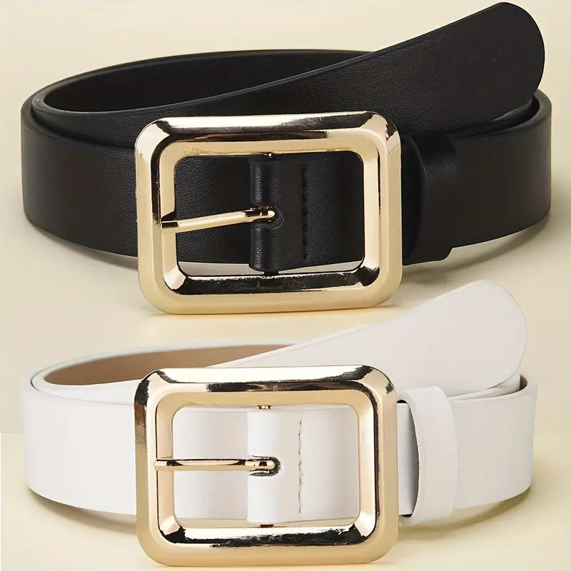 Golden buckle belt enhancing a simple outfit with luxurious flair.