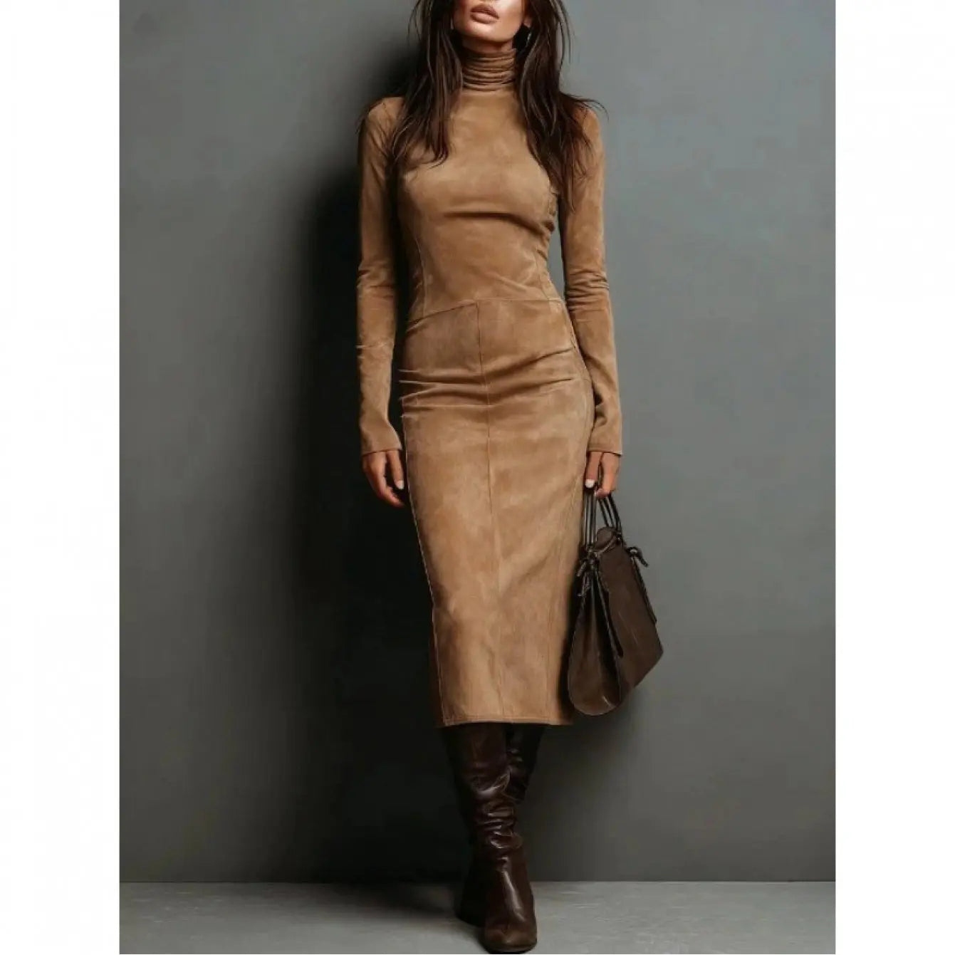 Winter Whisper Dress in a winter-themed background, perfect for seasonal events.