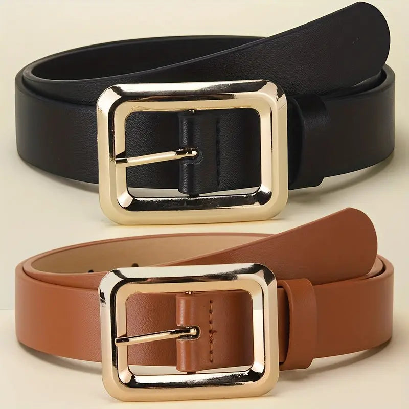 Minimalist style belt featuring a striking golden buckle for outfit enhancement.