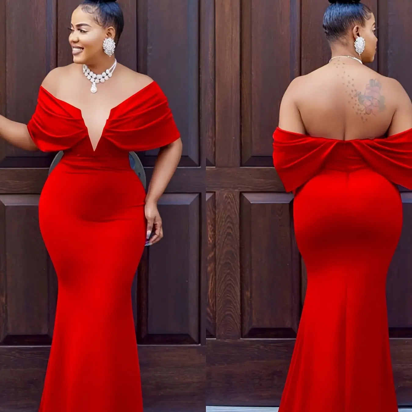 Model posing confidently in the Scarlet Ruffle Dress, perfect for spring events.