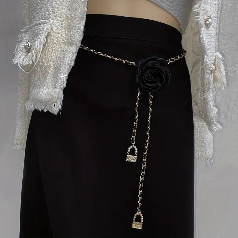 Golden Rose Belt displayed on a dress, showcasing its floral elegance.