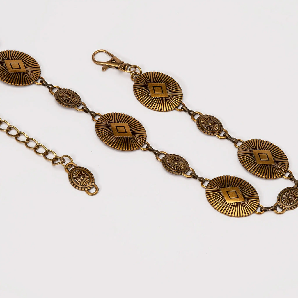 Elegant Golden Hour Glow waist chain displayed against a neutral background.