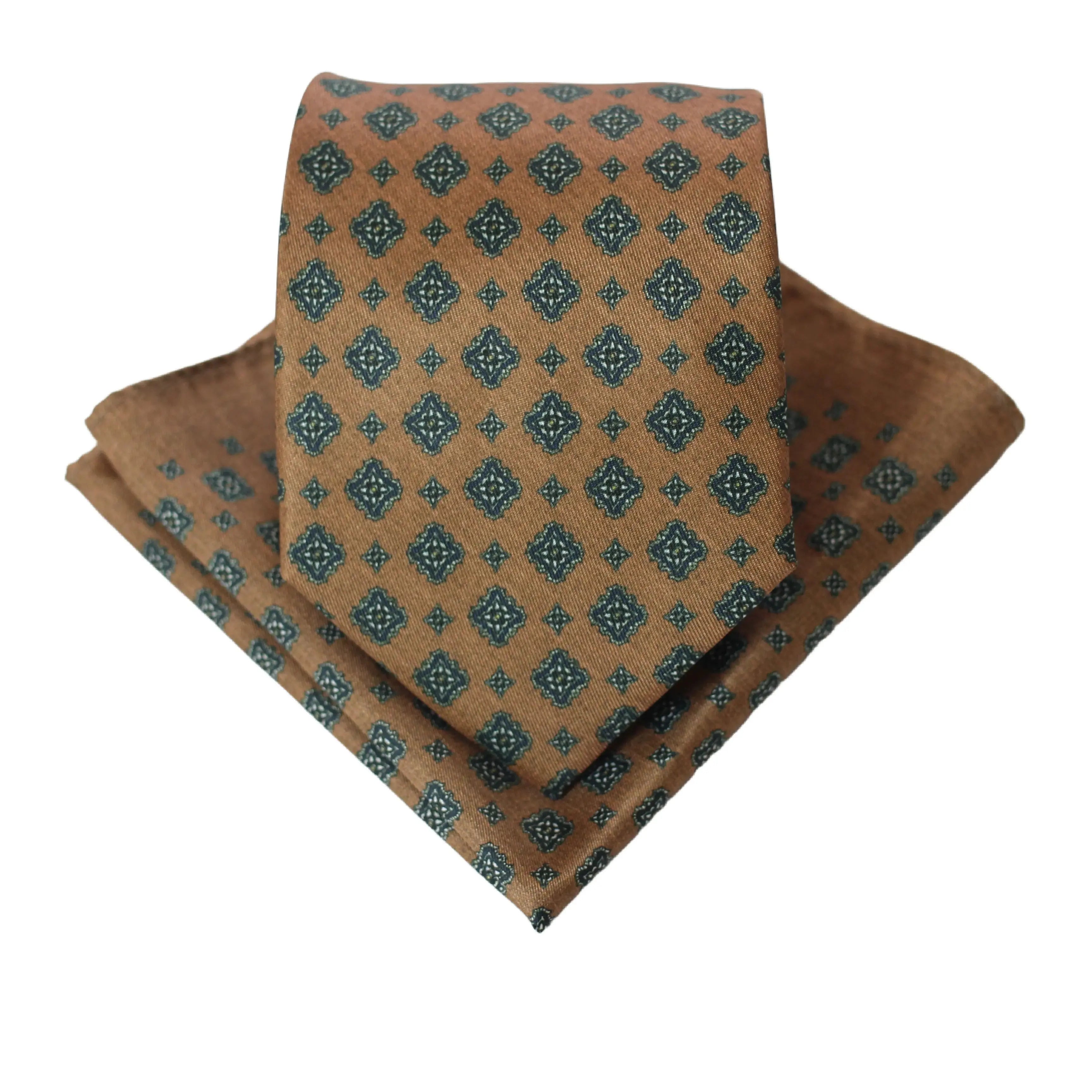 Geometric Allure tie paired with cufflinks, emphasizing its premium neckwear status.