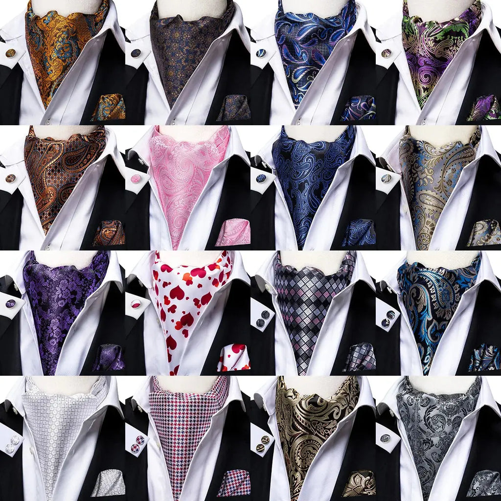 Dapper men's accessory, Golden Hour Ascot in silk and polyester blend.