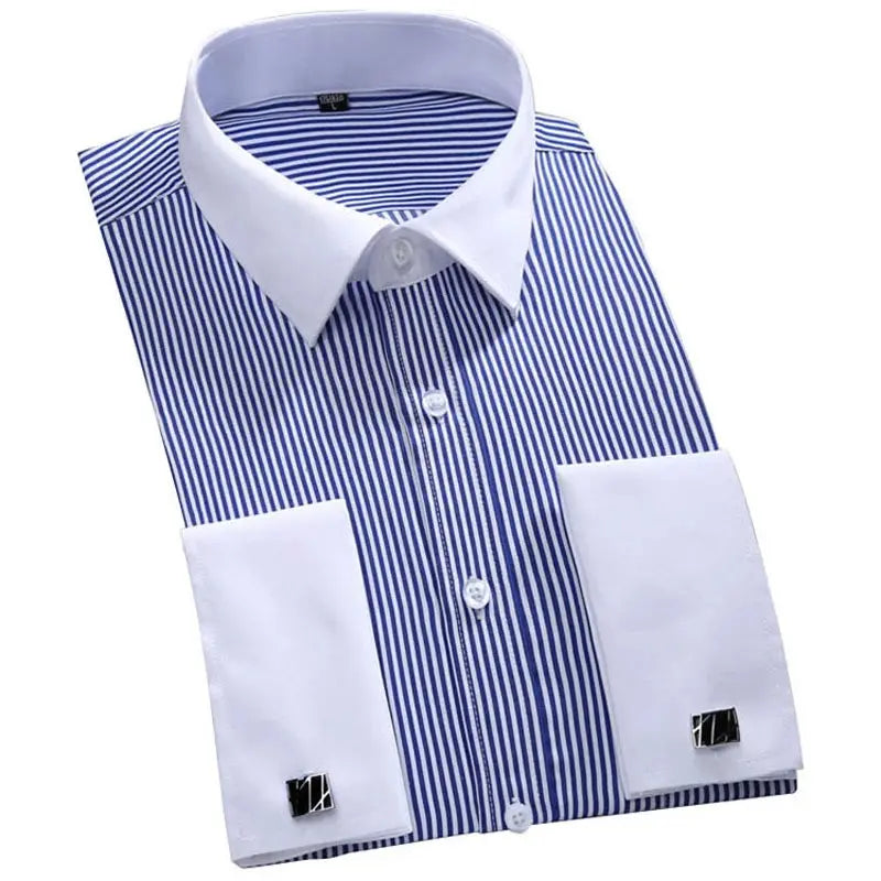 Close-up of French cuffs showcasing elegant cufflink detail on Timeless French-Cuff Shirt.