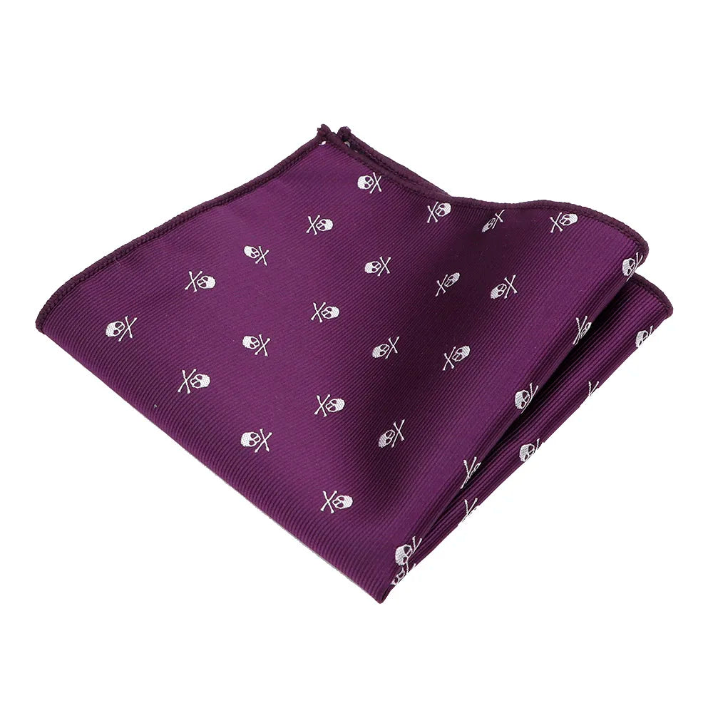 Wrinkle-resistant polyester pocket square featuring distinctive skull artwork for suit styling
