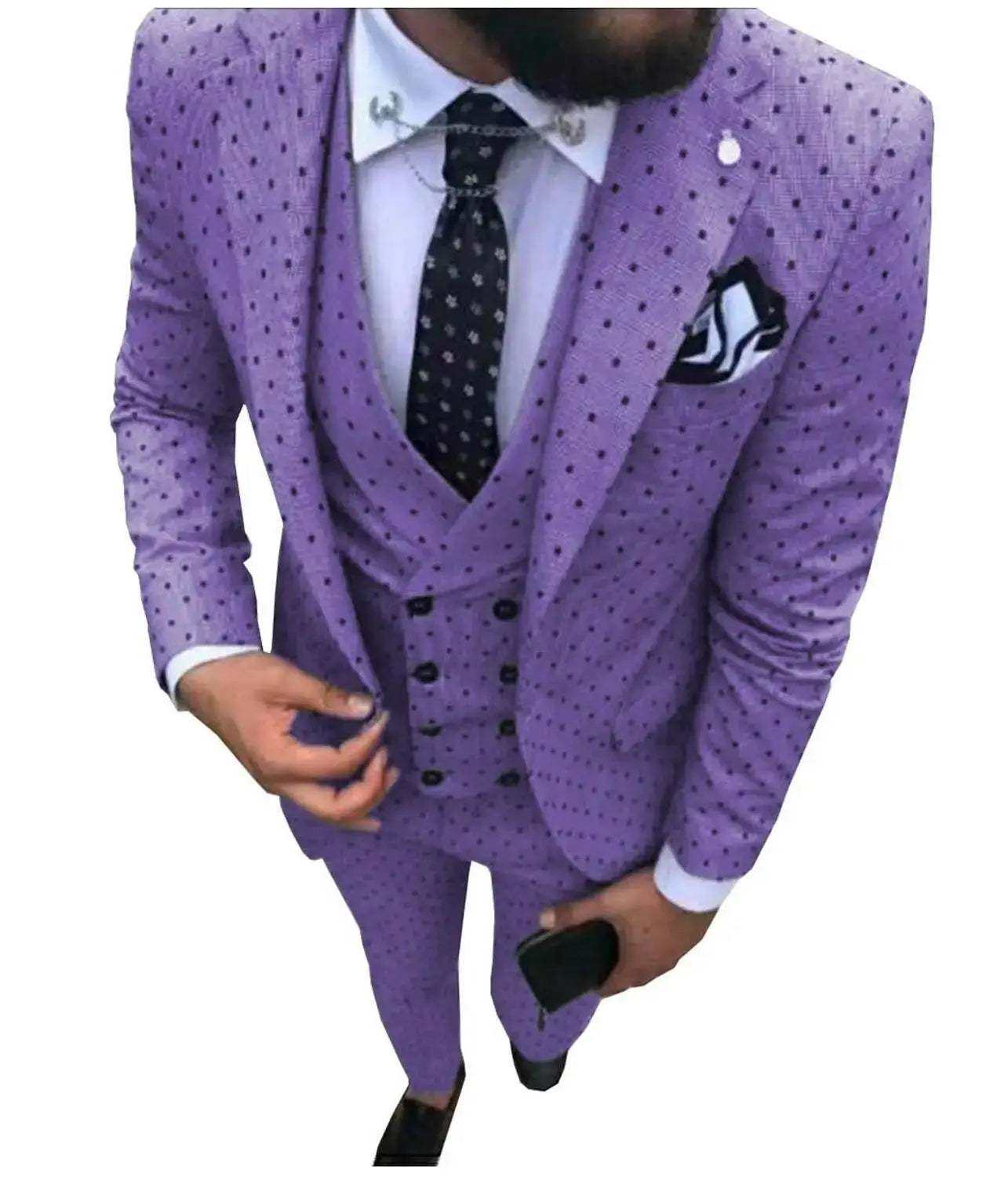 Model wearing the suit with a tie, perfect for formal occasions.