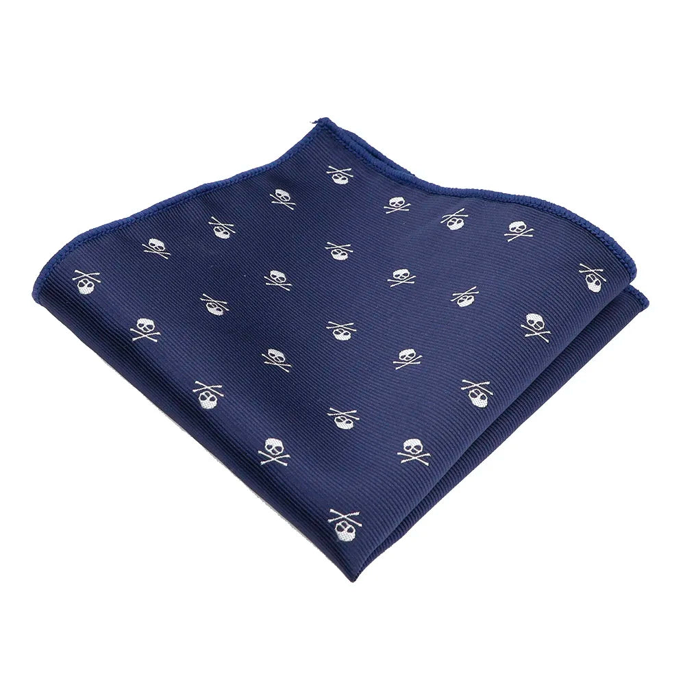 Square folded skull pocket square showing versatile accessory for men and women's formal jackets