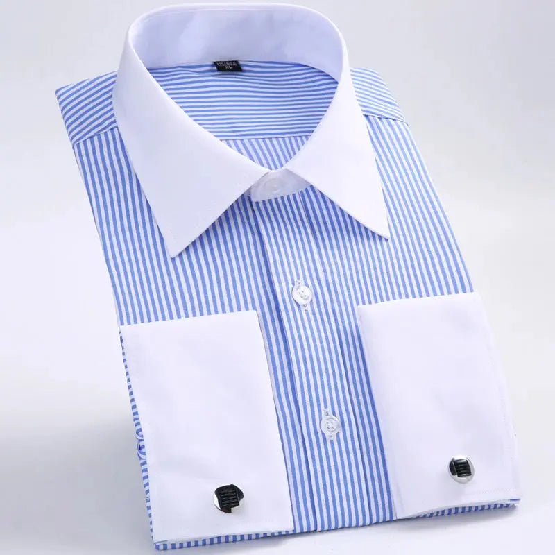 Men's striped dress shirt in blue and white with French cuffs and cufflinks.