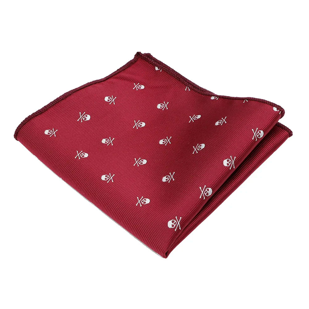 Close-up of skull pattern pocket square showing premium fabric texture and intricate weaving detail