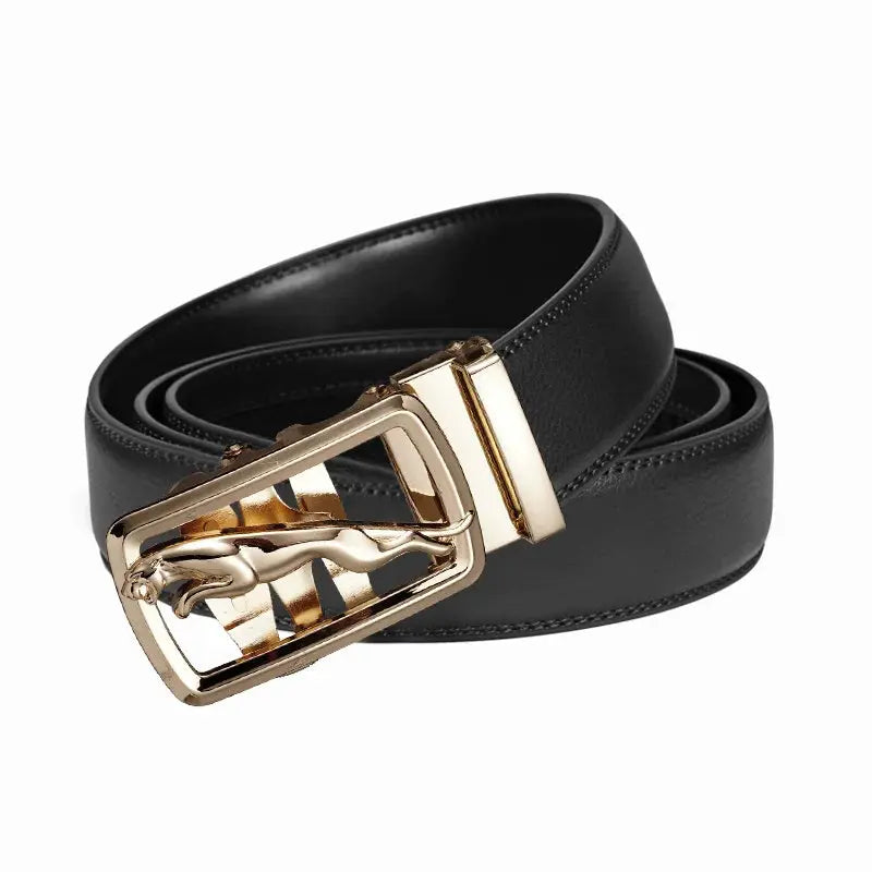 Zinc alloy buckle on a contemporary men's leather belt.