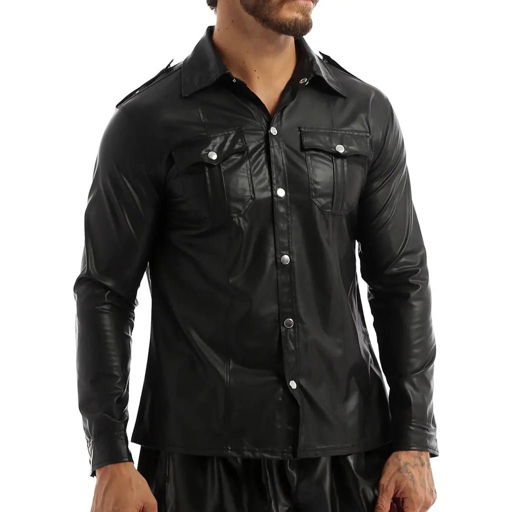 Sleek metallic shirt with patent leather finish catching light at every angle