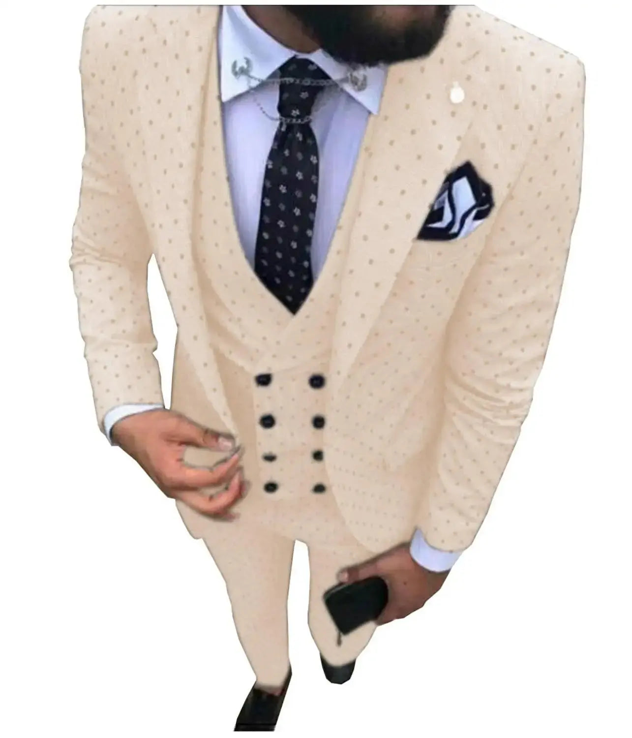 Navy suit on a hanger, showcasing its elegant drape and structure.