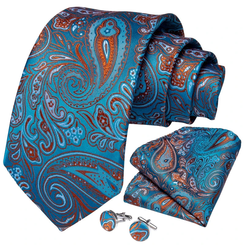 Elegant silk polyester tie and pocket square set in blue red paisley motif
