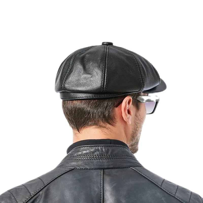 Model wearing the Autumn Whisper leather cap outdoors, highlighting its seasonal versatility for autumn days.