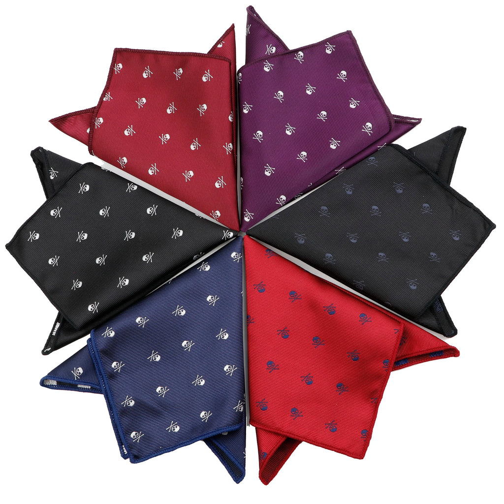 Skull pattern pocket square folded in suit jacket pocket adding edgy elegance to formal menswear