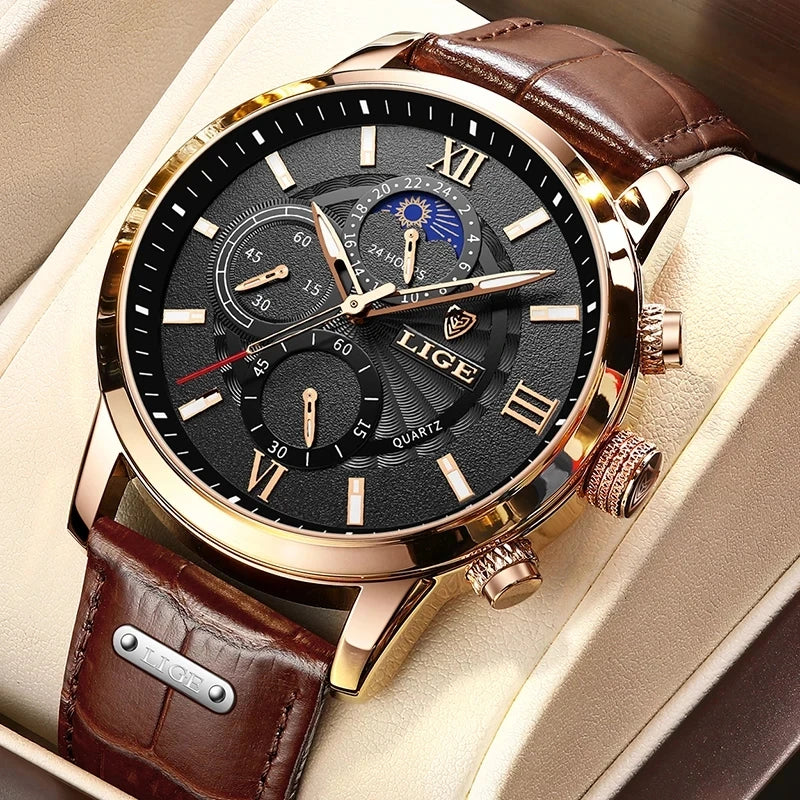 Elegant stainless steel watch with a supple leather band.