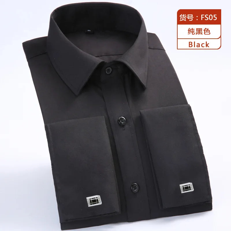 Close-up of premium broadcloth fabric texture on French cuff formal dress shirt