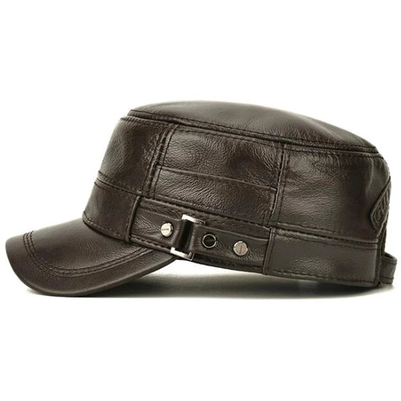 Adjustable strap on the Autumn Air leather cap for a customized fit.