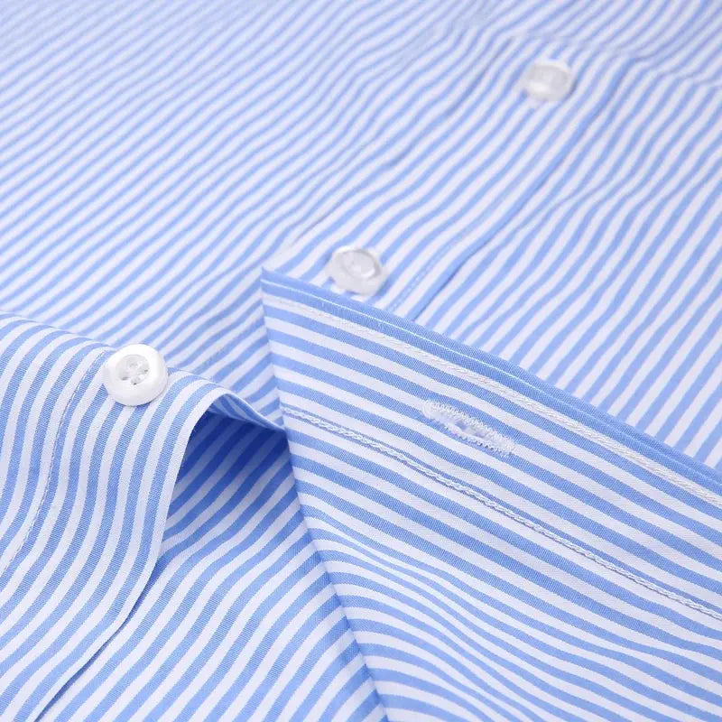 Back view of the striped dress shirt, emphasizing the tailored fit and style.