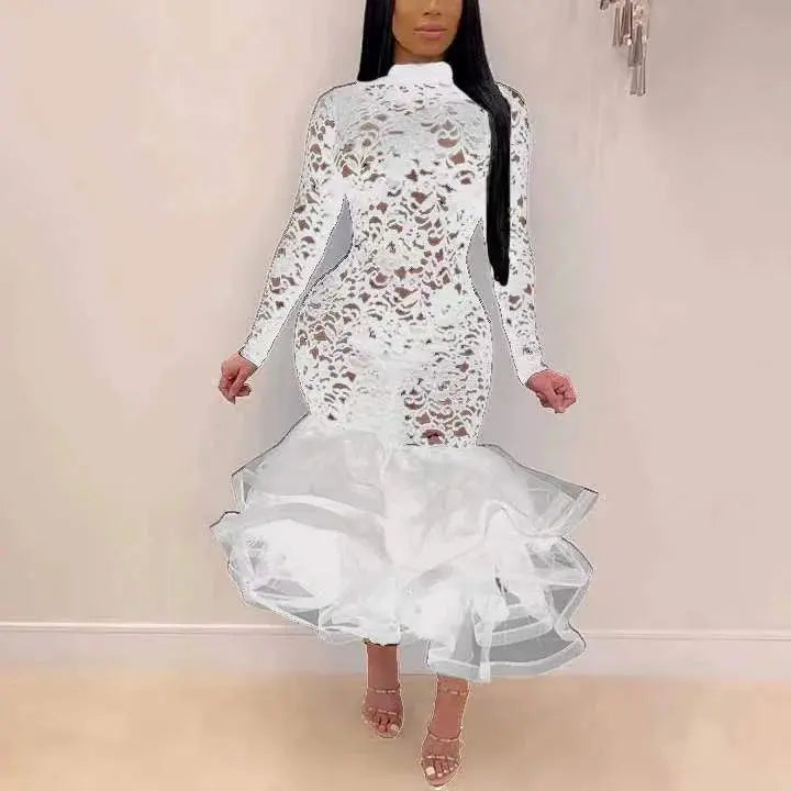 Enchanting Lace Gown displayed on a hanger, showcasing its elegant design.