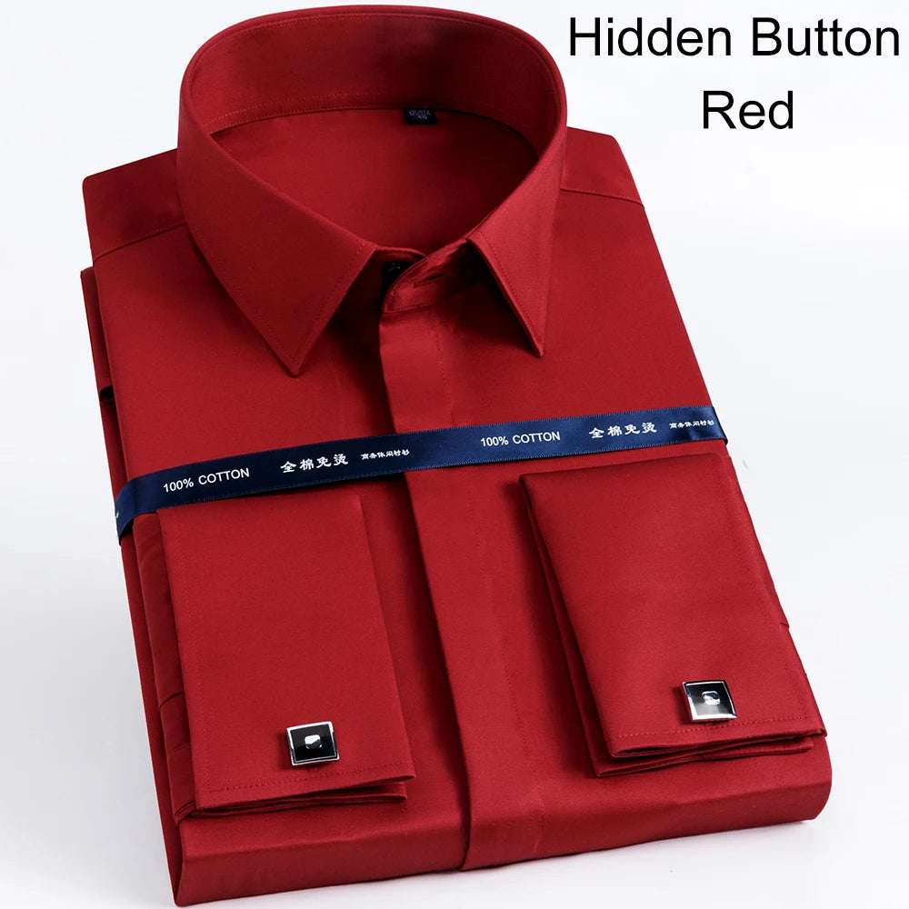 Executive wearing white broadcloth dress shirt with French cuffs and cufflinks in boardroom setting