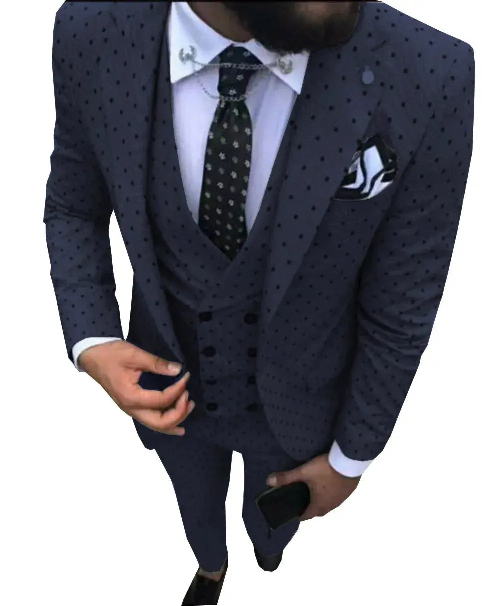 Navy suit displayed in natural light, emphasizing its rich color.