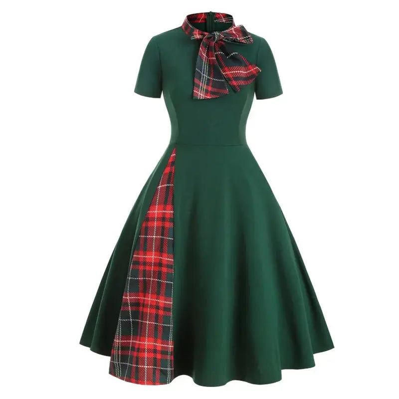 Close-up of the bow tie neck detail on the vintage red plaid midi dress.
