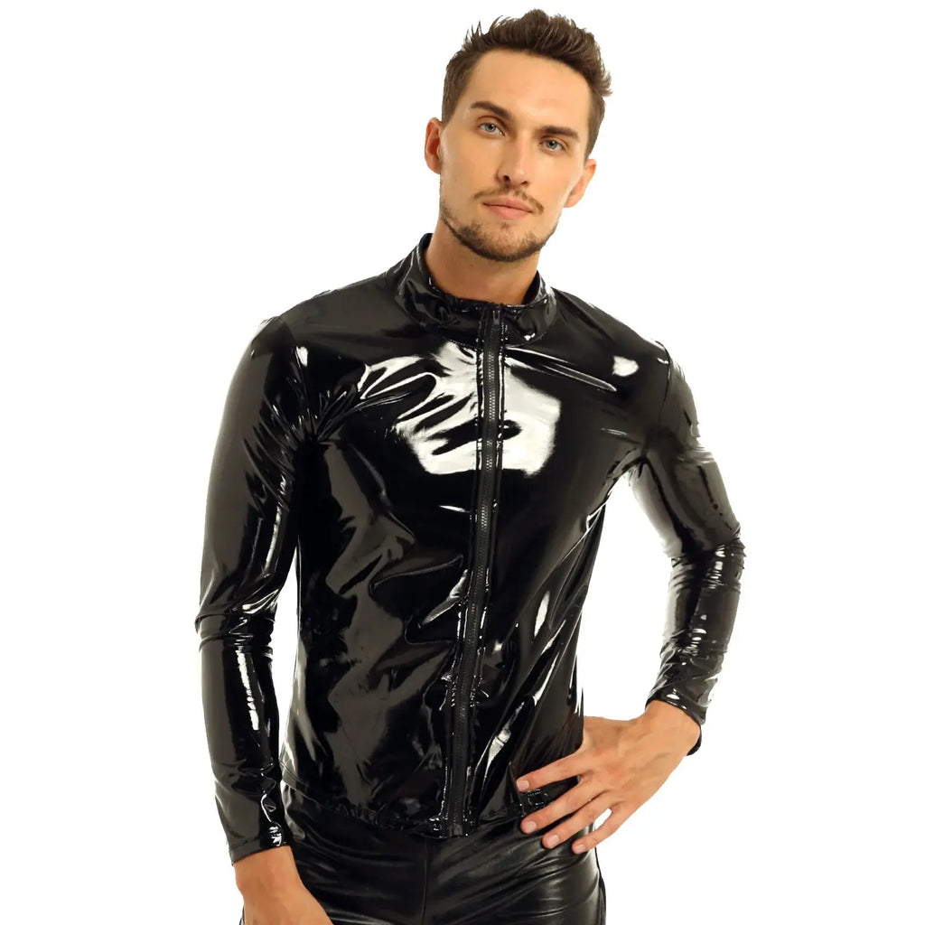 Close-up of glossy patent leather shirt showing reflective metallic surface texture