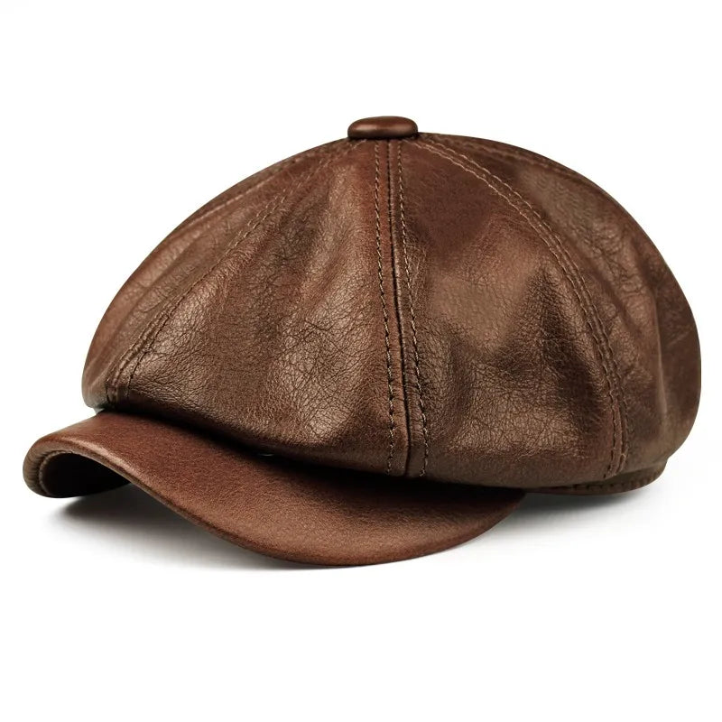 Stylish Autumn Whisper leather cap paired with casual attire, perfect for elevating men's fashion accessories.