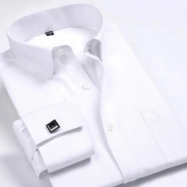 Close-up of the French cuffs on the striped dress shirt, highlighting elegance.