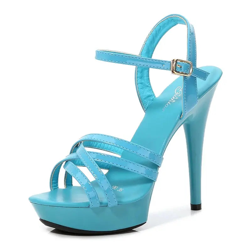 Luxury black heels featuring secure buckle straps and dramatic platform elevation