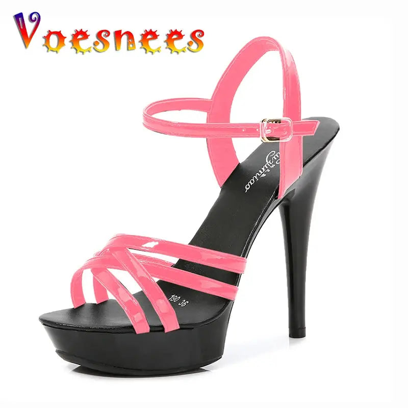 Black buckle strap platform heels with cross-tied design and 13cm heel height
