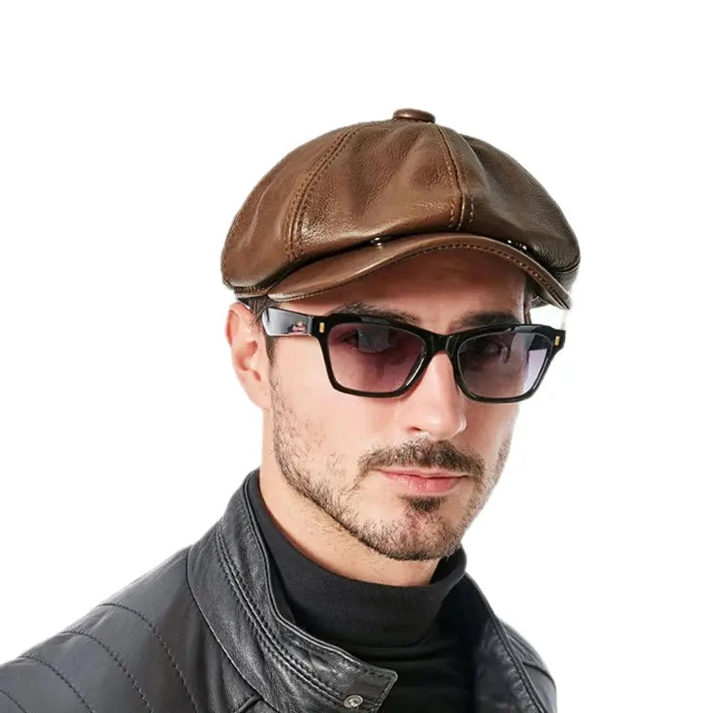 Close-up of the octagonal design of the Autumn Whisper leather cap, showcasing its unique artistic flair.