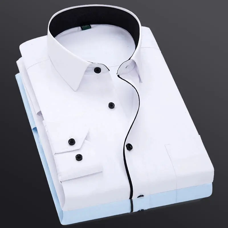 Model wearing the tailored confidence shirt, demonstrating its sharp fit for formal and semi-formal occasions.